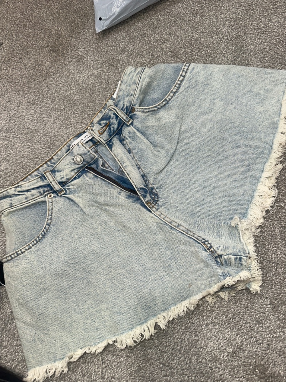 High-Rise Light Blue Frayed Denim Shorts